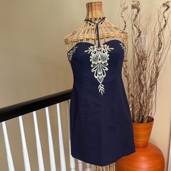 Lily Pulitzer NWT Elegant Navy Blue Dress with Intricate gold Embroidery - Picture 1 of 12